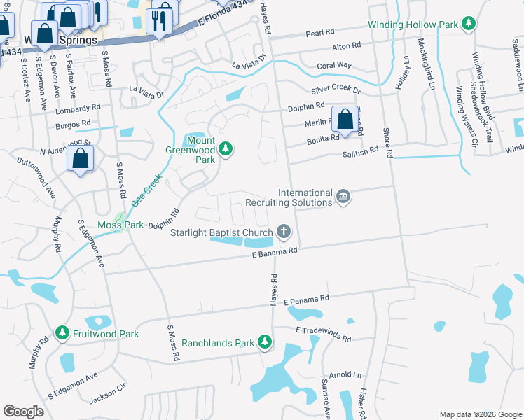 map of restaurants, bars, coffee shops, grocery stores, and more near 458 Lancers Drive in Winter Springs