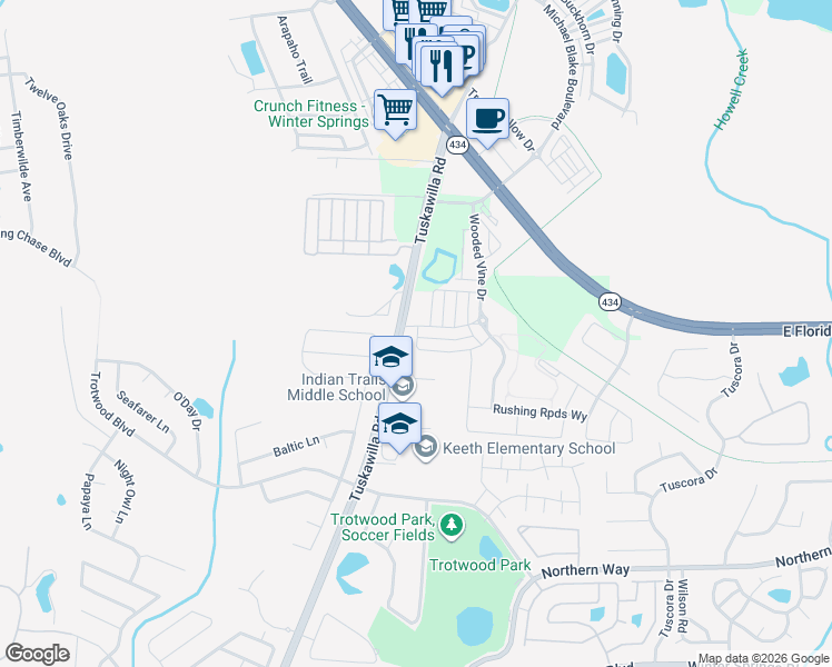 map of restaurants, bars, coffee shops, grocery stores, and more near 395 Tuskawilla Road in Winter Springs