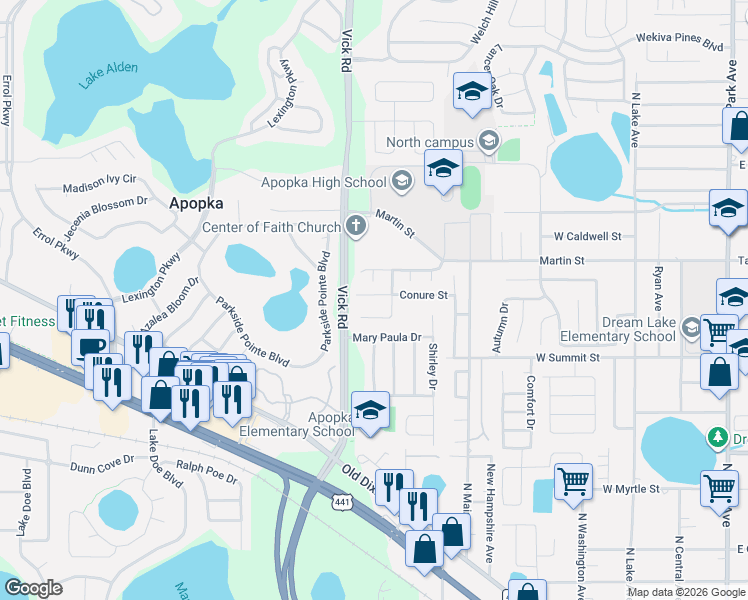 map of restaurants, bars, coffee shops, grocery stores, and more near 596 Conure St in Apopka