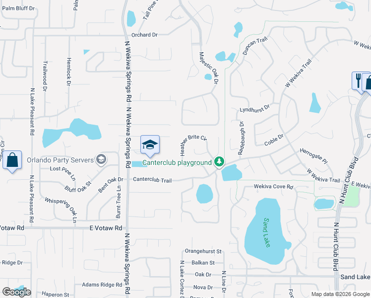 map of restaurants, bars, coffee shops, grocery stores, and more near 580 Heather Brite Circle in Apopka
