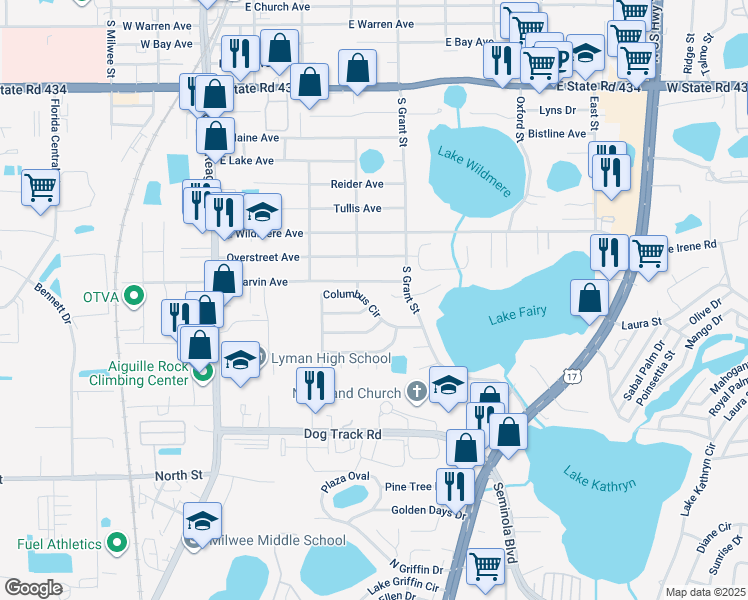 map of restaurants, bars, coffee shops, grocery stores, and more near 445 East Marvin Avenue in Longwood