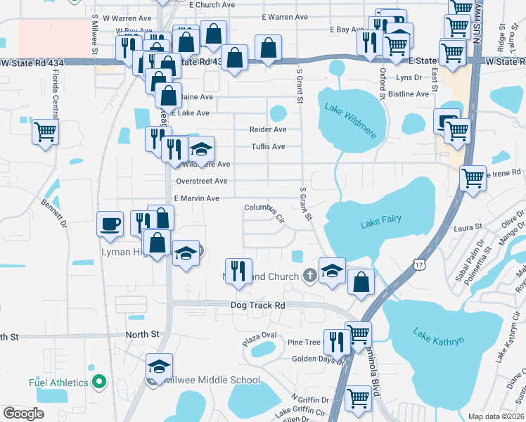 map of restaurants, bars, coffee shops, grocery stores, and more near 320 Columbus Circle in Longwood