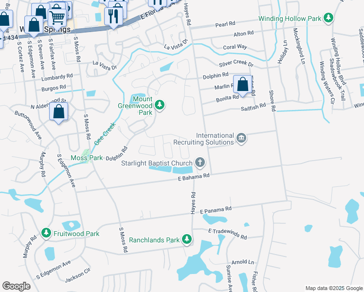 map of restaurants, bars, coffee shops, grocery stores, and more near 498 Lancers Drive in Winter Springs