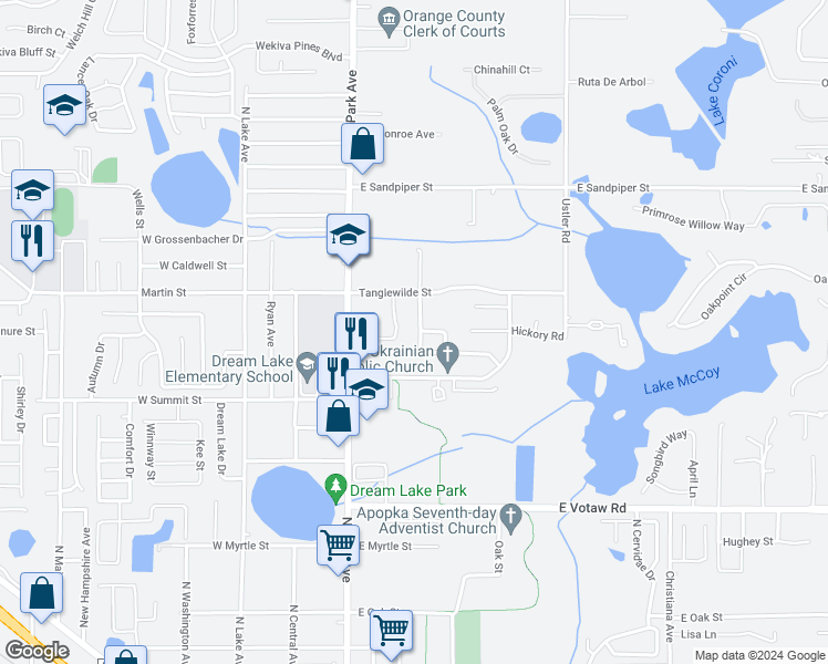 map of restaurants, bars, coffee shops, grocery stores, and more near 556 Rouzer Street in Apopka