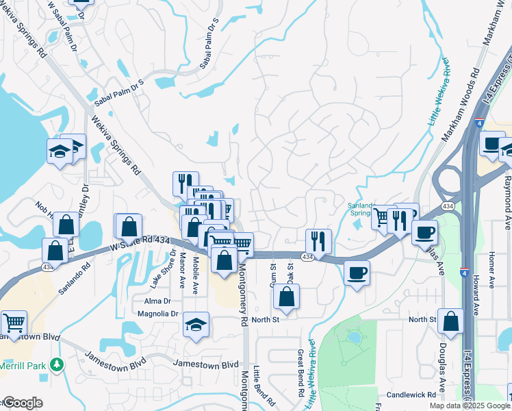 map of restaurants, bars, coffee shops, grocery stores, and more near 201 Fairway Drive in Longwood