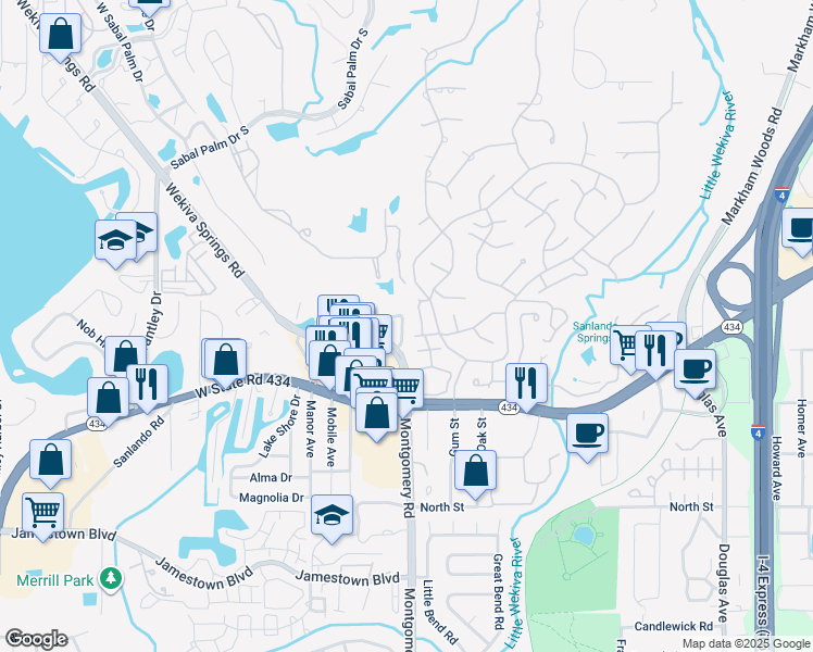 map of restaurants, bars, coffee shops, grocery stores, and more near 175 Crown Point Circle in Longwood