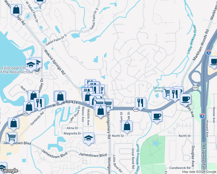 map of restaurants, bars, coffee shops, grocery stores, and more near 175 Crown Point Circle in Longwood