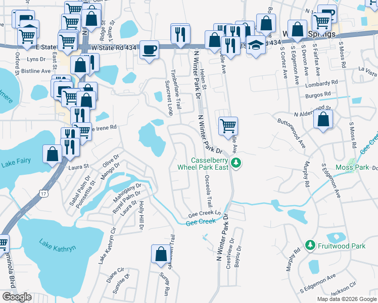map of restaurants, bars, coffee shops, grocery stores, and more near 1000 Wolf Trail in Casselberry