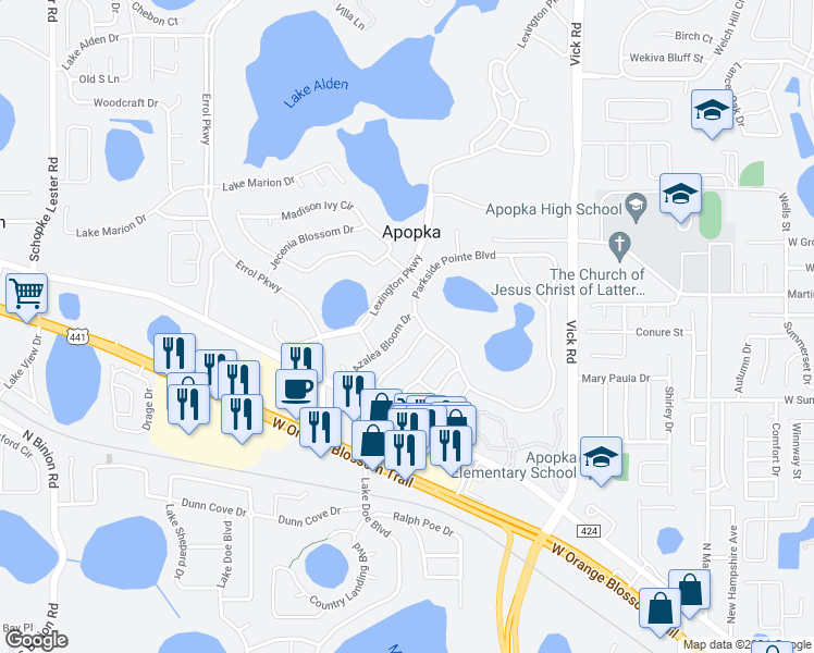 map of restaurants, bars, coffee shops, grocery stores, and more near 569 Azalea Bloom Drive in Apopka