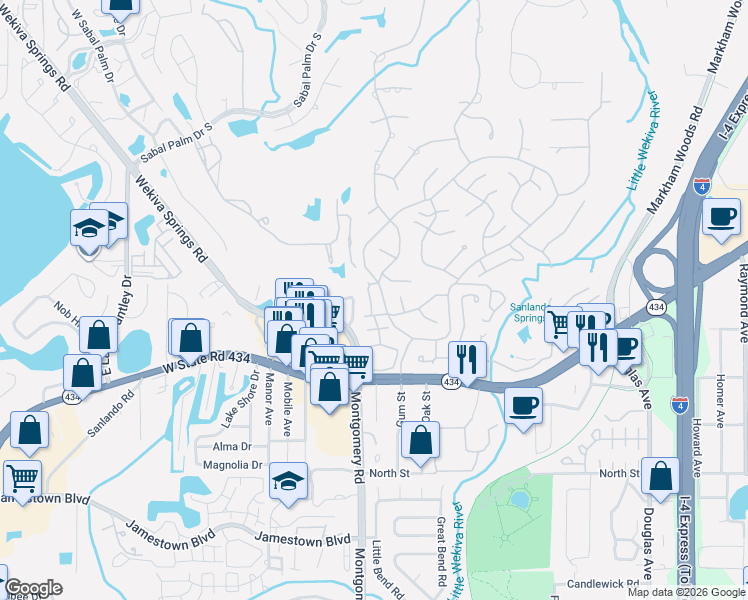 map of restaurants, bars, coffee shops, grocery stores, and more near 201 Fairway Drive in Longwood