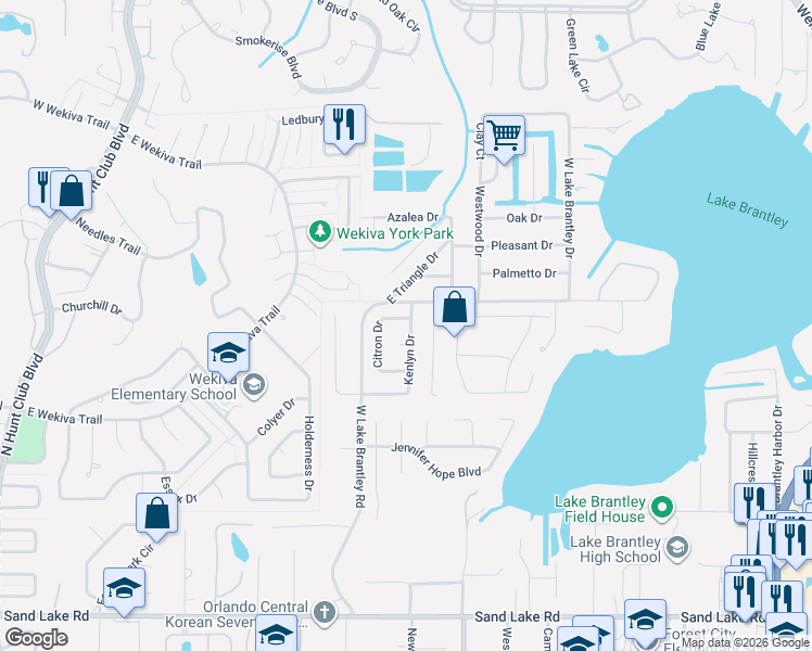 map of restaurants, bars, coffee shops, grocery stores, and more near 2881 Citron Drive in Longwood