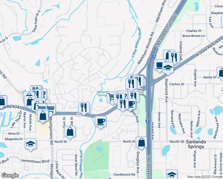 map of restaurants, bars, coffee shops, grocery stores, and more near 2170 Woodbridge Road in Longwood