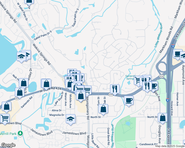 map of restaurants, bars, coffee shops, grocery stores, and more near 205 Fairway Drive in Longwood