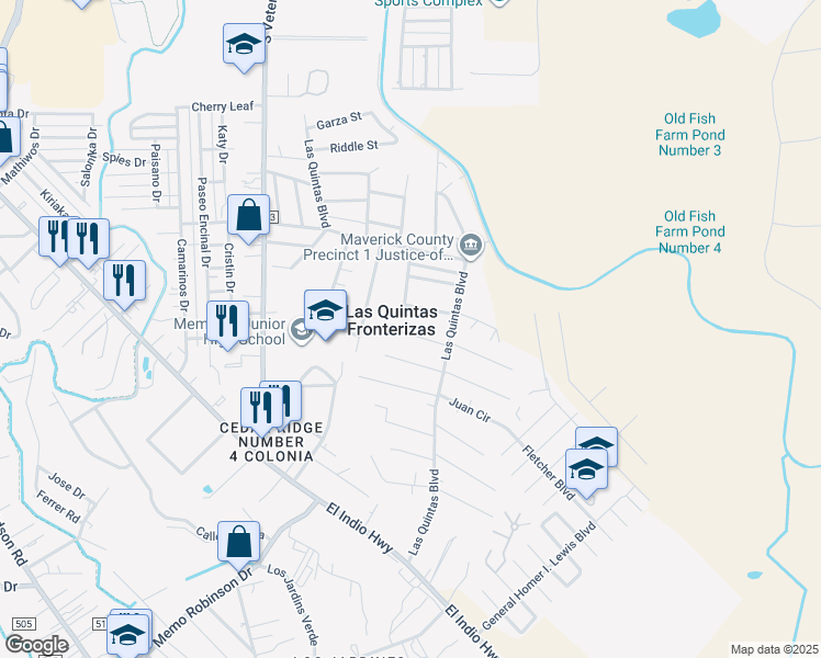 map of restaurants, bars, coffee shops, grocery stores, and more near in Las Quintas Fronterizas