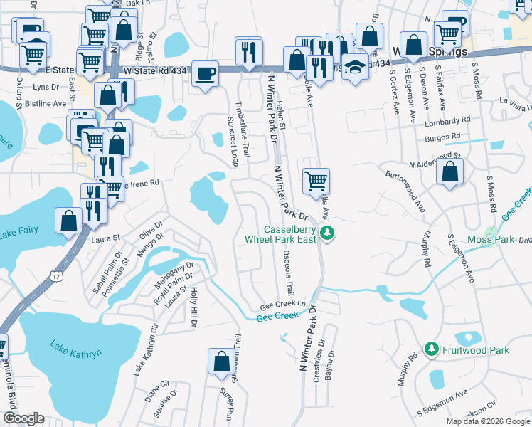 map of restaurants, bars, coffee shops, grocery stores, and more near 1000 Wolf Trail in Casselberry