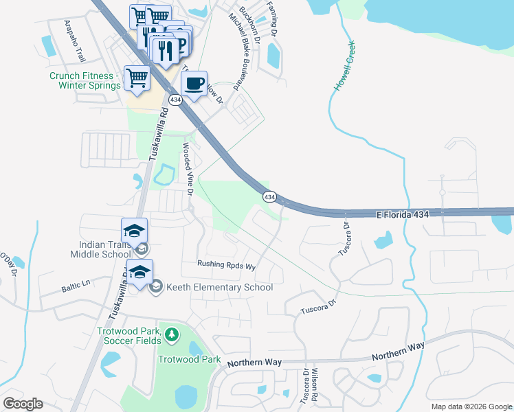 map of restaurants, bars, coffee shops, grocery stores, and more near 1295 Orlando Boulevard in Winter Springs