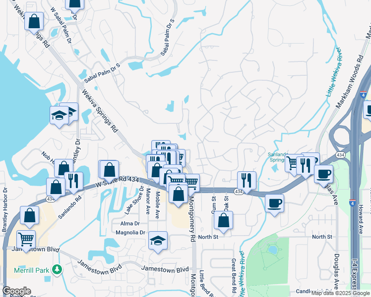 map of restaurants, bars, coffee shops, grocery stores, and more near 175 Crown Point Circle in Longwood