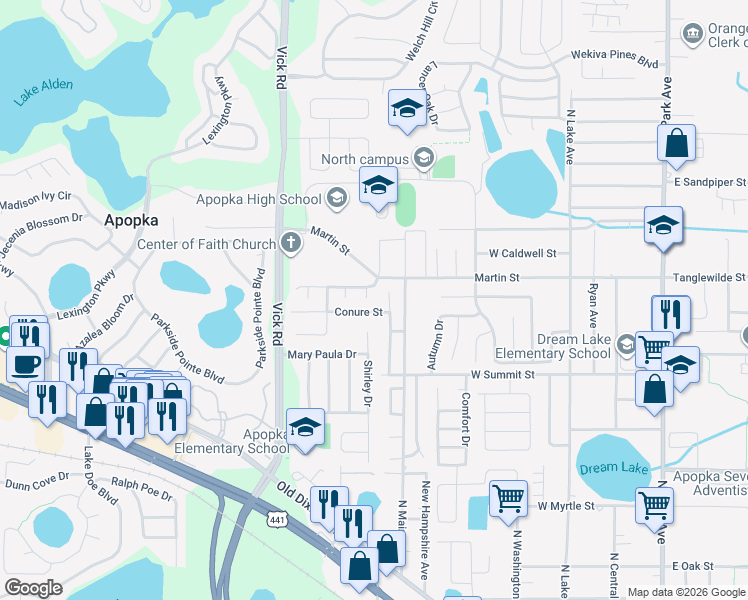 map of restaurants, bars, coffee shops, grocery stores, and more near 518 Cardinal Court in Apopka