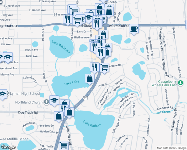 map of restaurants, bars, coffee shops, grocery stores, and more near 1130 South US Highway 17 92 in Longwood