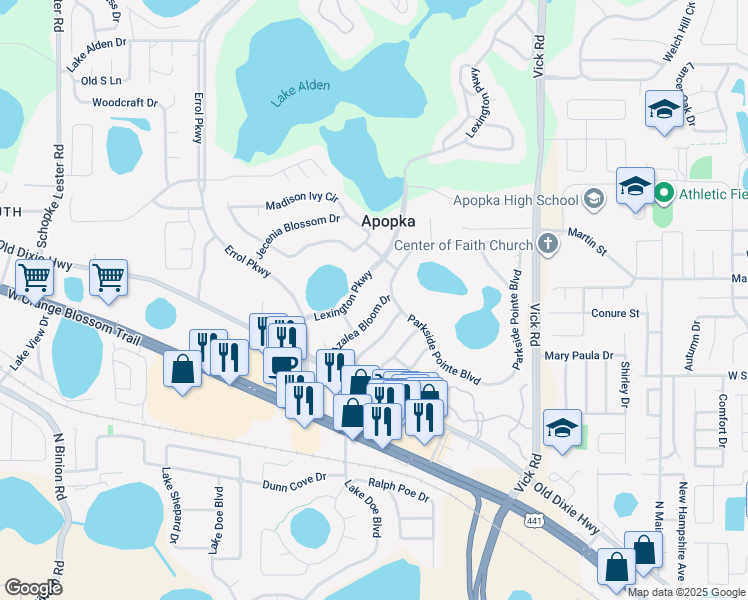 map of restaurants, bars, coffee shops, grocery stores, and more near 568 Azalea Bloom Drive in Apopka