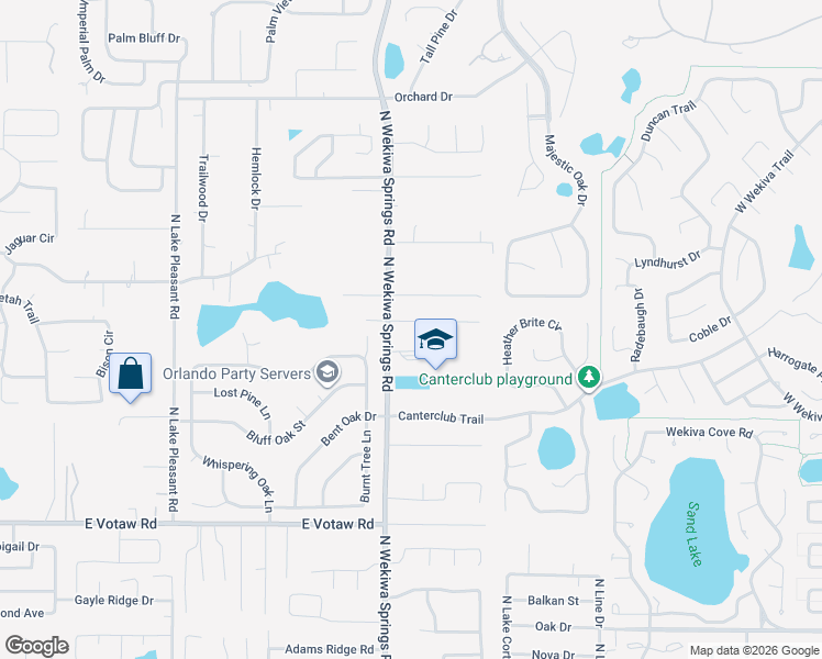 map of restaurants, bars, coffee shops, grocery stores, and more near 2336 Wekiva Ridge Road in Apopka