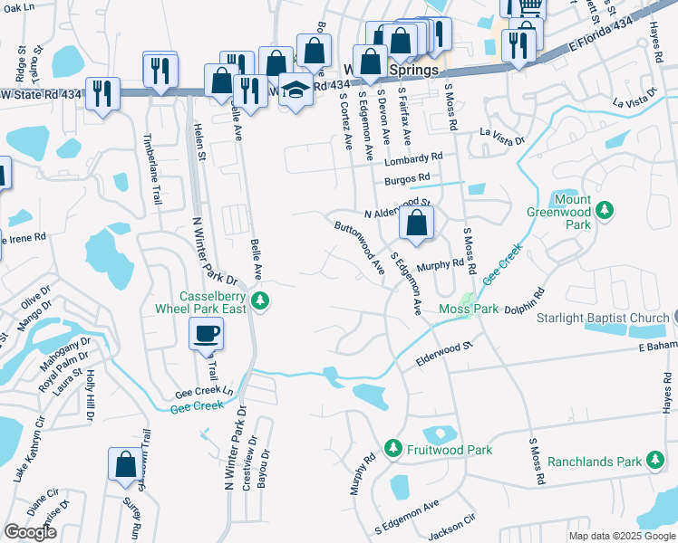 map of restaurants, bars, coffee shops, grocery stores, and more near 19 Elkwood Court in Winter Springs