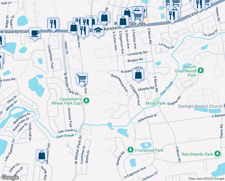map of restaurants, bars, coffee shops, grocery stores, and more near 19 Elkwood Court in Winter Springs