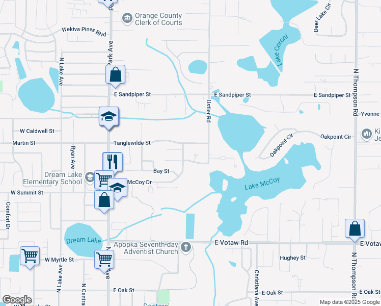 map of restaurants, bars, coffee shops, grocery stores, and more near 571 Honeysuckle Court in Apopka