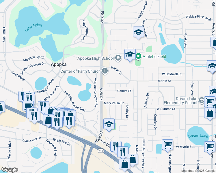 map of restaurants, bars, coffee shops, grocery stores, and more near 590 Robin Ct in Apopka