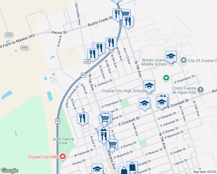 map of restaurants, bars, coffee shops, grocery stores, and more near 423 East Refugio Street in Crystal City