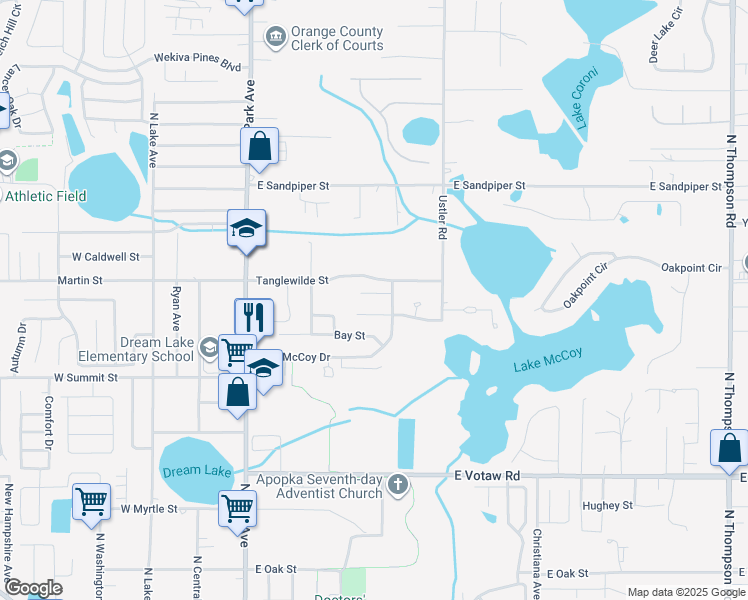 map of restaurants, bars, coffee shops, grocery stores, and more near 334 Evergreen Court in Apopka