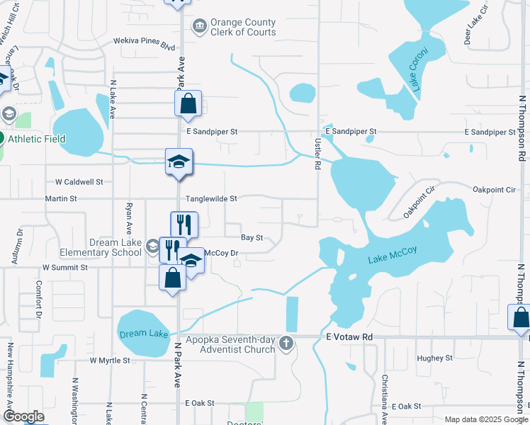 map of restaurants, bars, coffee shops, grocery stores, and more near 334 Evergreen Court in Apopka