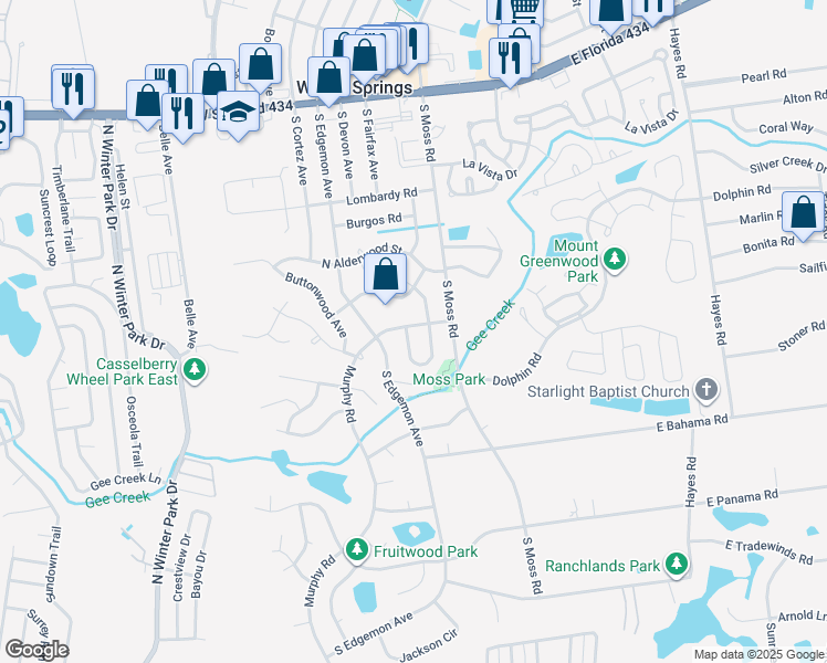 map of restaurants, bars, coffee shops, grocery stores, and more near 438 Boxwood Circle in Winter Springs