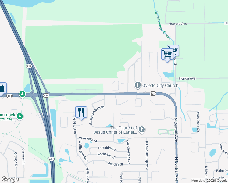 map of restaurants, bars, coffee shops, grocery stores, and more near 510 Pinebranch Circle in Winter Springs
