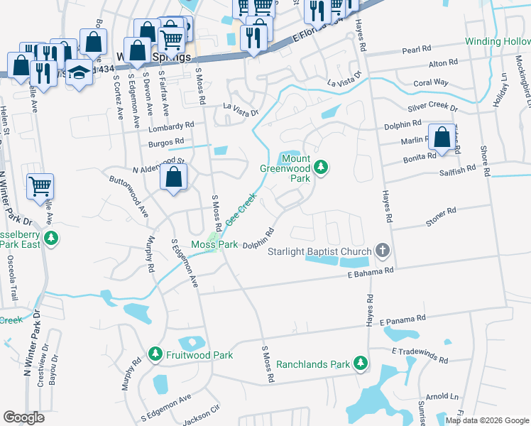 map of restaurants, bars, coffee shops, grocery stores, and more near 110 Sundance Court in Winter Springs