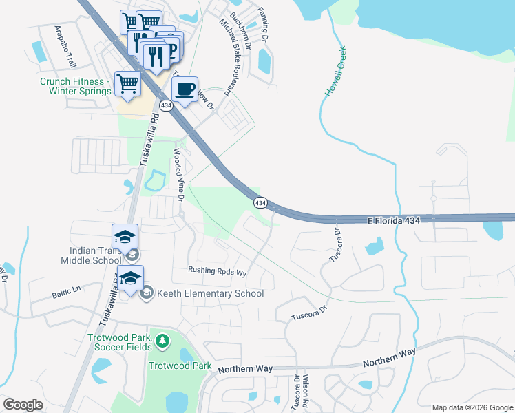 map of restaurants, bars, coffee shops, grocery stores, and more near 1295 Orlando Boulevard in Winter Springs