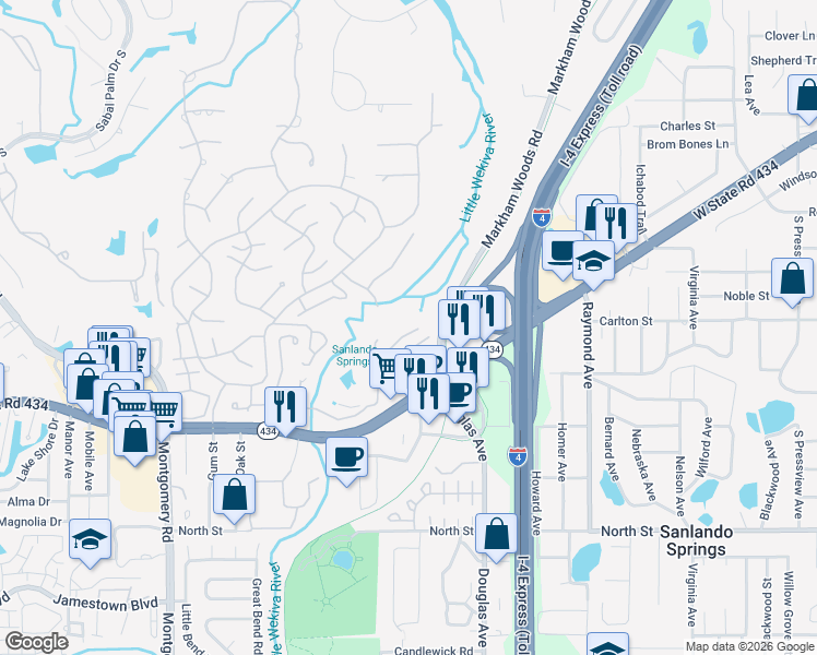 map of restaurants, bars, coffee shops, grocery stores, and more near 2120 Woodbridge Road in Longwood