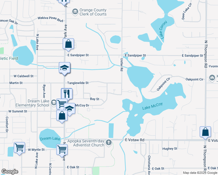 map of restaurants, bars, coffee shops, grocery stores, and more near 571 Honeysuckle Court in Apopka