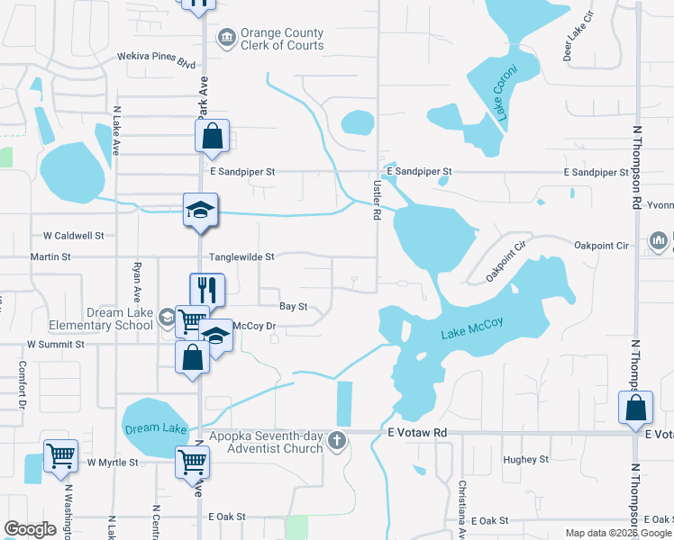 map of restaurants, bars, coffee shops, grocery stores, and more near 571 Honeysuckle Court in Apopka