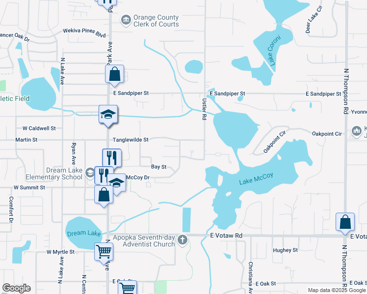 map of restaurants, bars, coffee shops, grocery stores, and more near 571 Honeysuckle Court in Apopka