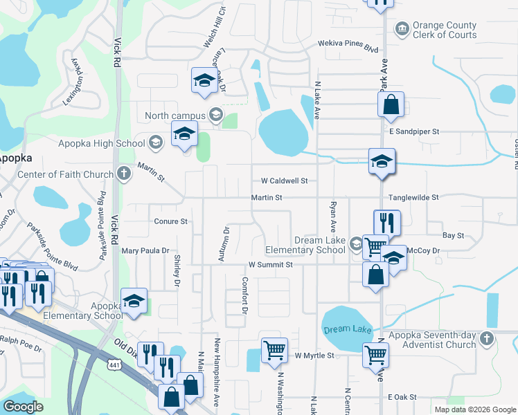 map of restaurants, bars, coffee shops, grocery stores, and more near 306 Seasons Court in Apopka