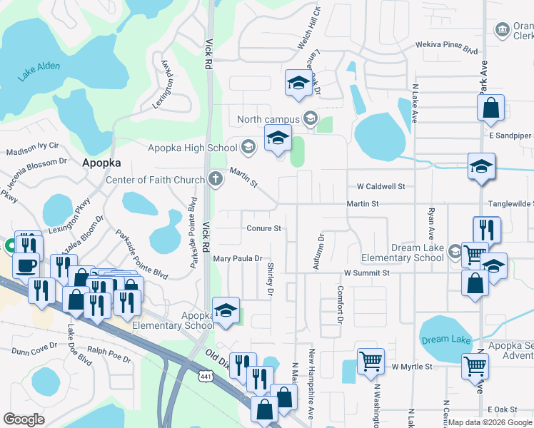 map of restaurants, bars, coffee shops, grocery stores, and more near 518 Cardinal Court in Apopka