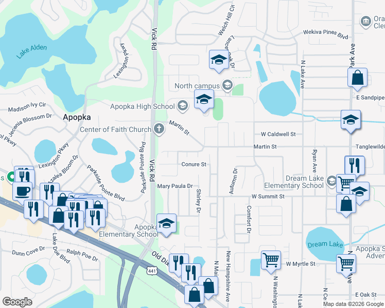 map of restaurants, bars, coffee shops, grocery stores, and more near 518 Cardinal Court in Apopka