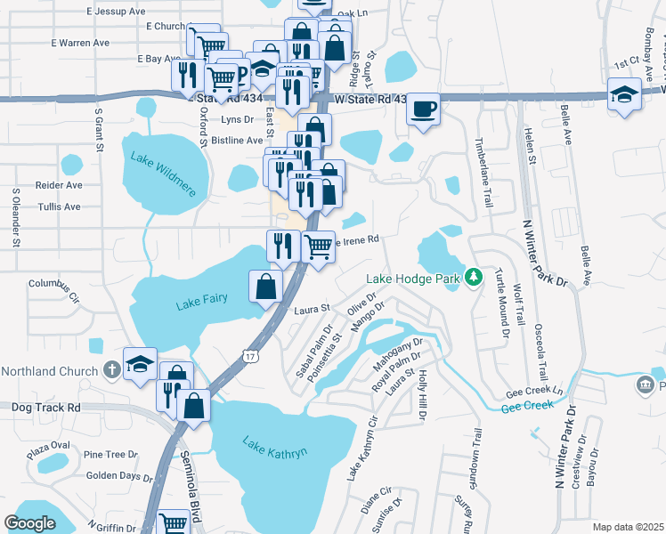 map of restaurants, bars, coffee shops, grocery stores, and more near 986 Coply Court in Casselberry