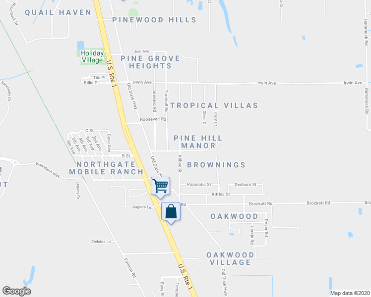 map of restaurants, bars, coffee shops, grocery stores, and more near 3458 Benson Court in Mims