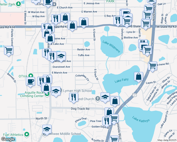 map of restaurants, bars, coffee shops, grocery stores, and more near 445 East Marvin Avenue in Longwood