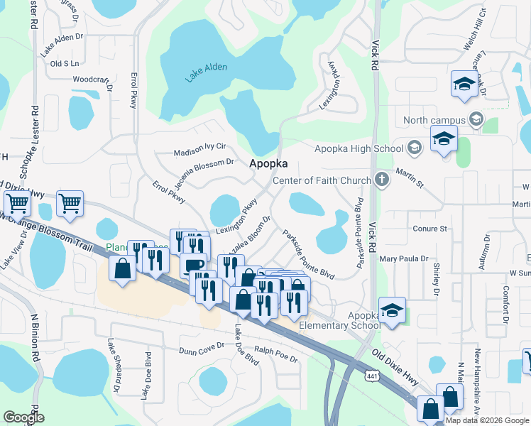 map of restaurants, bars, coffee shops, grocery stores, and more near 574 Azalea Bloom Drive in Apopka