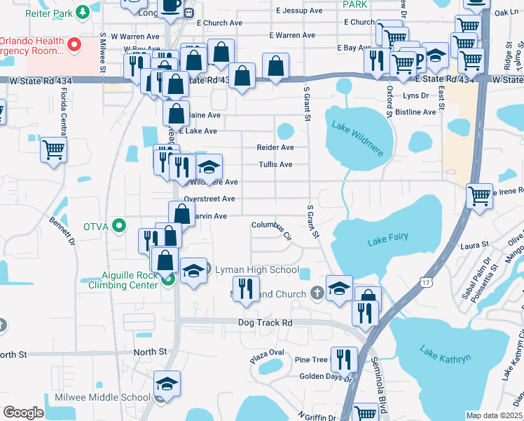 map of restaurants, bars, coffee shops, grocery stores, and more near 365 East Marvin Avenue in Longwood