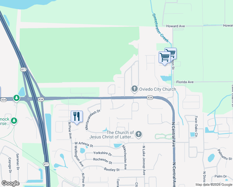 map of restaurants, bars, coffee shops, grocery stores, and more near 1422 Cranston Street in Winter Springs