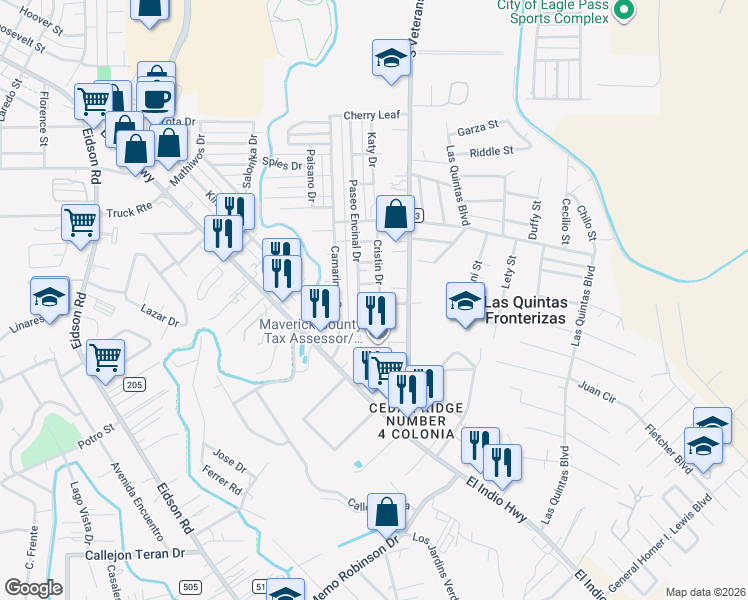 map of restaurants, bars, coffee shops, grocery stores, and more near 1703 South Veterans Boulevard in Eagle Pass